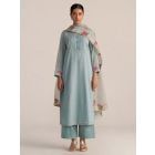Light Blue Embroidered Chanderi Mul Suit- Set of 3