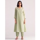 Green Embroidered Cotton Voil Kurta with Pants- Set of 2