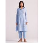 Sky Blue Applique Work Cotton Voil Kurta with Pants- Set of 2