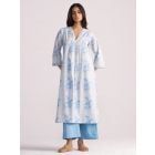 Cream Blue Printed Cotton Kurta with Pants - Set of 2