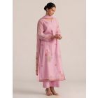 Pink Hand Embroidered Viscose Chanderi Linen Suit- Set of 3