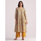 Mustard Yellow Blue Printed Cotton Kurta with Pants - Set of 2