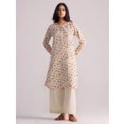 Cream Printed Cotton Linen Kurta with Pants - Set of 2