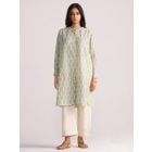 Cream Olive Green Printed Linen Kurta with Pants - Set of 2