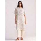 Cream Blue Printed Cotton Linen Kurta with Pants - Set of 2