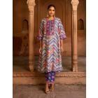 Blue Printed Chanderi Kurta with Pants- Set of 2