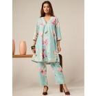 Mint Green Printed Cotton Kurta with Pants- Set of 2