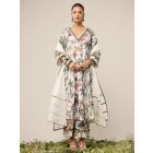 Ecru Green Printed Cotton Suit- Set of 3