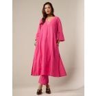 Pink Embroidered Cotton Kurta with Pants- Set of 2