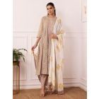 Brown Hand Block Printed Cotton Mulmul Suit - Set of 3