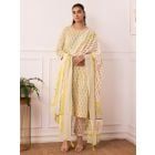 Green Yellow Hand Block Printed Cotton Mulmul Suit - Set of 3