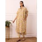 Brown Yellow Hand Block Printed Cotton Mulmul Tunic with Pants - Set of 2