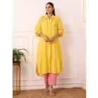 Yellow Checkered Cotton Dobby Tunic with Slip and Pants - Set of 2