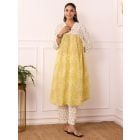 Yellow White Hand Block Printed Cotton Mulmul Kurta with Pants - Set of 2