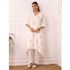White Hand Block Printed Cotton Mulmul Kurta with Pants - Set of 2