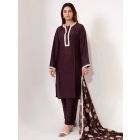 Wine Lace Work Cotton Silk Suit - Set of 3