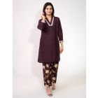Wine Lace Work Cotton Silk Kurta and Pants - Set of 2