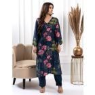 Blue Printed Cotton Silk Kurta with Pants - Set of 2