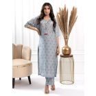 Blue Printed Cotton Silk Kurta with Pants - Set of 2