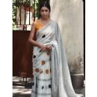 White Black Hand Block Printed Cotton Saree