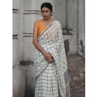 White Hand Block Printed Cotton Saree