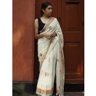 White Orange Hand Block Printed Cotton Saree