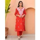 Red Embroidered Cotton Kurta with Pants- Set of 2