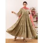 Green Hand Block Printed Cotton Suit- Set of 3