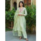 Pista Green Embroidered Chanderi Suit - Set of 3