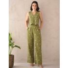 Olive Green Embroidered Cotton Co-ord Set- Set of 2