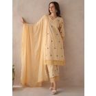 Pastel Yellow Embroidered Cotton Suit- Set of 3