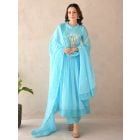 Sky Blue Embroidered Kota Doria Suit- Set of 3