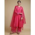 Pink Lace Work Bemberg Silk Kurta with Pants- Set of 2