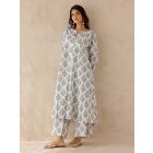 White Blue Printed Cotton Kurta with Palazzo- Set of 2