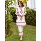 White Pink Hand Block Printed Cotton Kurta with Pants - Set of 2