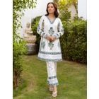 White Teal Blue Hand Block Printed Cotton Kurta with Pants - Set of 2