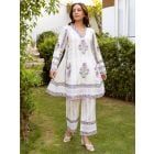 White Purple Hand Block Printed Cotton Kurta with Pants - Set of 2