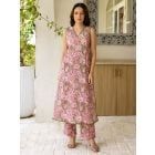 Pink Hand Block Printed Cotton Kurta with Pants - Set of 2
