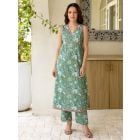 Green Hand Block Printed Cotton Kurta with Pants - Set of 2