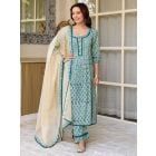 Teal Blue Hand Block Printed Cotton Suit - Set of 3