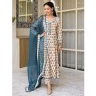 Beige Hand Block Printed Cotton Suit - Set of 3
