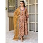 Beige Hand Block Printed Cotton Suit - Set of 3