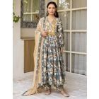 Blue Beige Hand Block Printed Cotton Suit - Set of 3