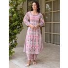 Light Pink Printed Cotton Kurta with Afghani Pants- Set of 2