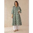 Green White Printed Cotton Kurta with Pants- Set of 2