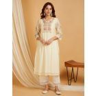 Off White Embroidered Chanderi Kurta with Pants- Set of 2