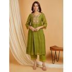 Green Embroidered Chanderi Kurta with Pants- Set of 2