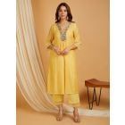 Yellow Embroidered Chanderi Kurta with Pants- Set of 2