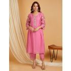 Pink Embroidered Chanderi Kurta with Pants- Set of 2