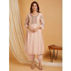 Peach Embroidered Chanderi Kurta with Pants- Set of 2